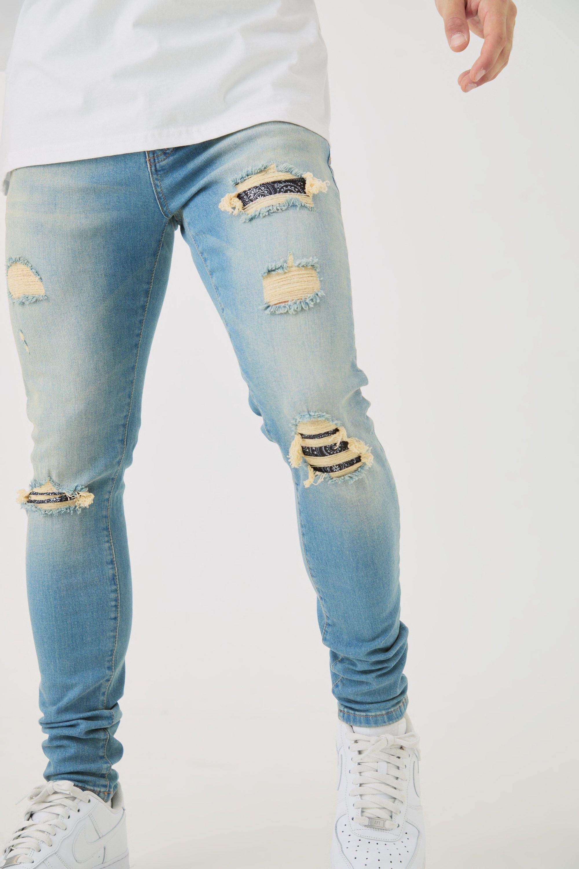 Skinny Stretch Ripped Bandana Jeans In Light Blue